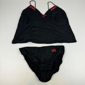 New Avon Womens Size 2X Little Black Tank and Panty Set Black Roses